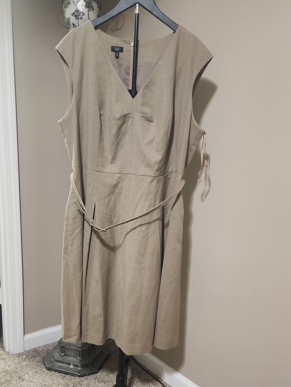 Talbots Taupe Sleeveless V-Neck Belted Dress